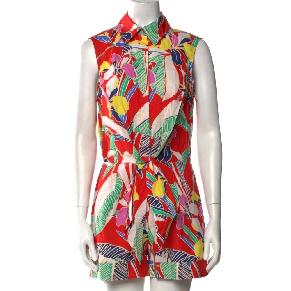 Cynthia Rowley Red Tropical Floral Cotton Sleeveless Tie Waist Romper Large NWT